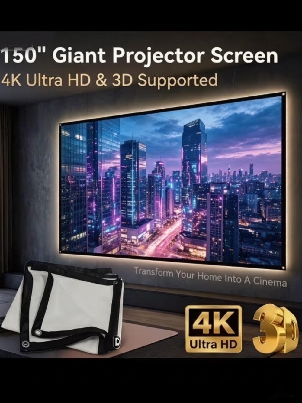 NIB 150IN" UltraHD Projector Screen–Model AB-100 4K/3D Indoor/Outdoor Capability